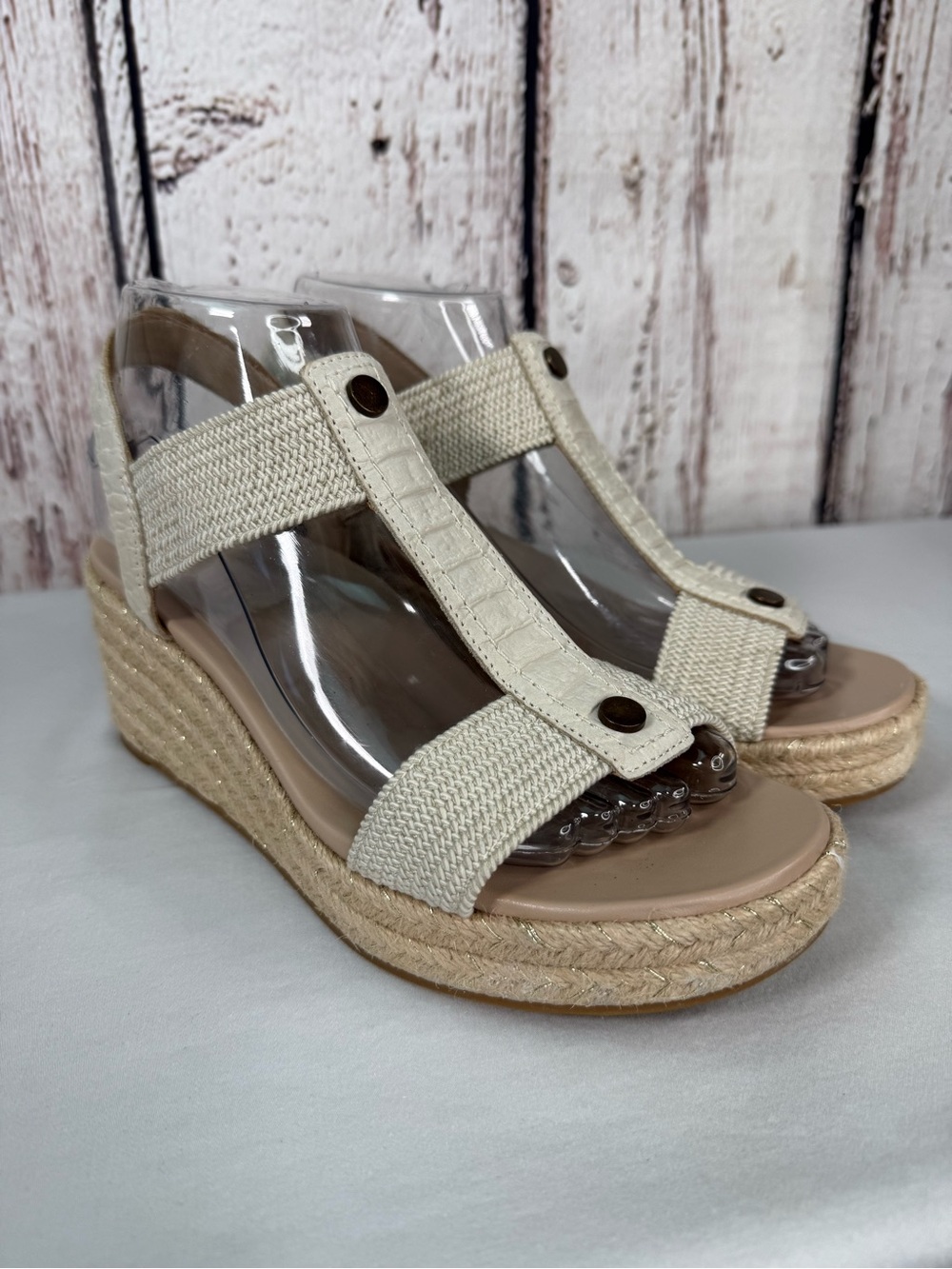 Vionic Calera Wedge Cream Leather & Jute Espadrilles Sandals Size 7 EUC